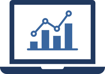 A laptop screen displays a blue bar graph with a line graph icon  overlay showing upward trends.