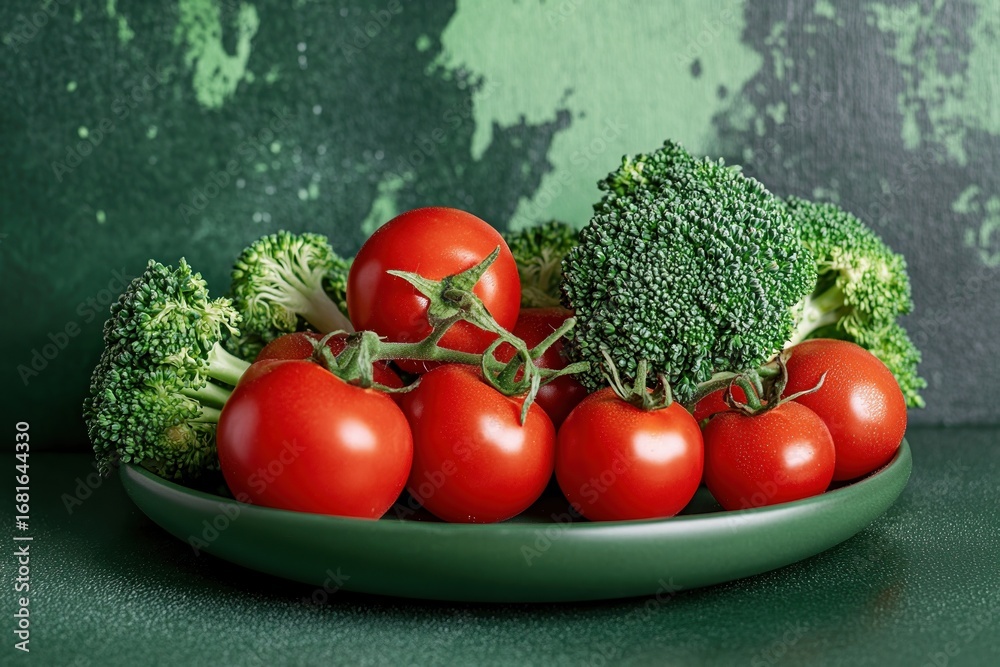 Broccoli Colurs Broccoli and tomatoes arranged on plate with green artistic background ...