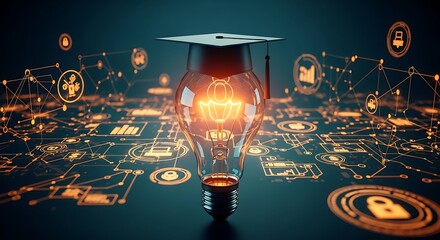 Glowing Filament Bulb Topped with Mortarboard on Tech Circuitry Background