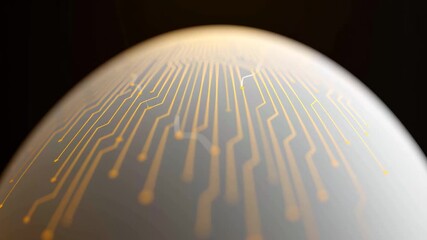 Close up smooth white egg shaped object with glowing golden circuit lines on dark background showcasing futuristic electronic technology design