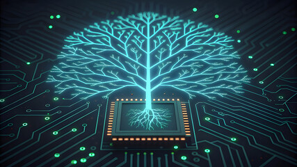 Glowing neural network tree growing from a computer chip