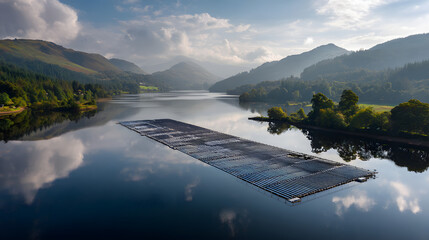 Aerial View of a Floating Solar Farm on a Calm Reservoir
