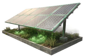 A modern solar panel installation with lush green plants and glowing lights underneath, isolated on white background