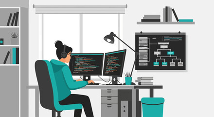 Software developer working in home office with modern digital interface