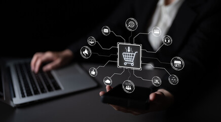 Wall Mural - Omni-channel marketing and online shopping strategies, cross-platform customer experience, brand unification, and integrated marketing communication across digital channels. Spline