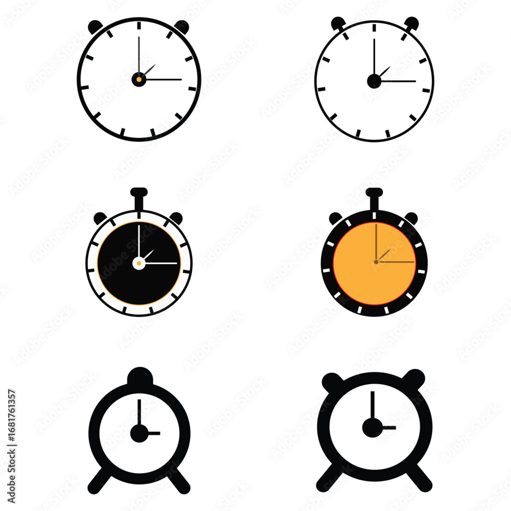 Collection of six distinct alarm clock and stopwatch icons for time ...