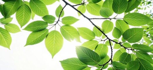 bright green leaves on a tree branch against a bright white background isolated on white background