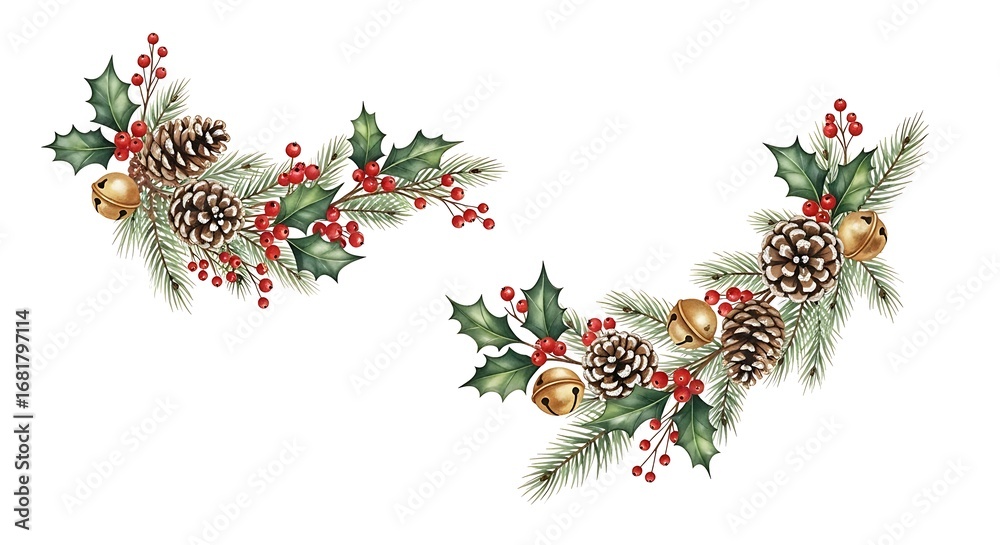 Two christmas corner decorations with pine cones holly berries and ...