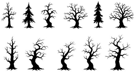Silhouette collection of various bare trees, showcasing diverse shapes and branch structures against a white background.