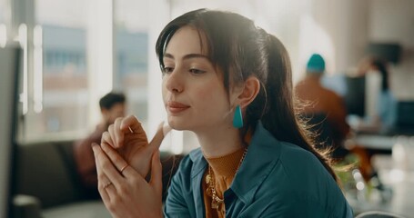 Thinking, computer and reading with business woman in office for web designer, planning and idea. Homepage layout, vision and creative with frontend developer or person in tech startup for update