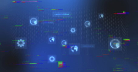 Wall Mural - data interface floating over grid, showing globe and gear icons, progress rings and waveform bars