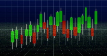 Wall Mural - Displaying 3D candlestick chart floating above floor grid in trading app, with green and red bars