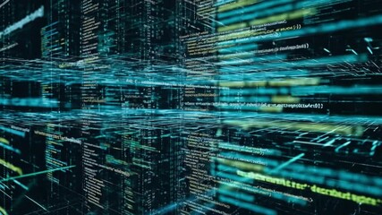 Dynamic digital code flows through abstract futuristic cyberspace, representing innovation and data.