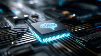 a glowing ai microchip with a brain icon is mounted on a futuristic computer motherboard.