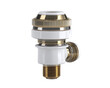 © Calanggo - Gold-accented, white wall-mounted valve.  A plumbing component with a gold-colored trim and a white body.  Features a knurled gold ring and a threaded connection