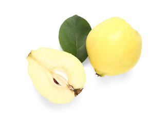 Wall Mural - fresh quinces with green leaf on white background