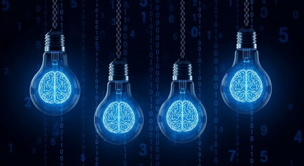 Glowing blue brains inside lightbulbs against binary code digital