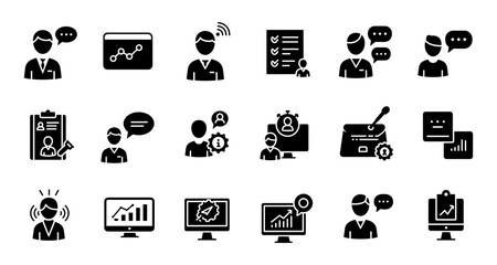Business communication and digital interaction icons set in black silhouette style