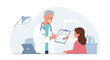 © Arep - Friendly male doctor with a stethoscope explaining medical results on a clipboard to a female patient during a clinic consultation.