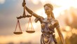© Silvy - A golden statue of justice, with scales of justice held aloft, embodies impartiality and fairness under a warm sunset.
