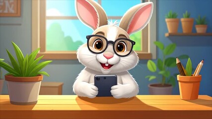 Cartoon rabbit using tablet illustration