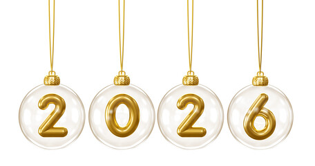 Wall Mural - golden numbers inside christmas baubles 2026 in 3d render with transparent background