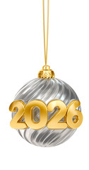 Wall Mural - Golden 2026 Numbers on Silver Christmas Bauble in 3D render with transparent background