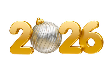 Wall Mural - golden 2026 numbers with silver christmas ball in 3d render with transparent background