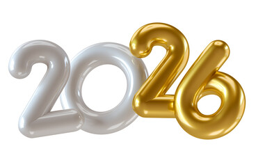 Wall Mural - glossy white and gold 2026 numbers in 3d render with transparent background