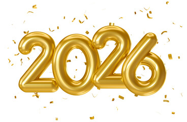 Wall Mural - golden 2026 numbers with confetti celebration in 3d render with transparent background