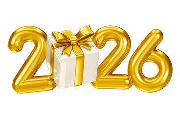 Wall Mural - Golden 2026 Numbers with Gift Box in 3D render with transparent background