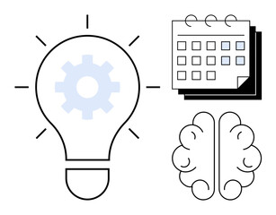 Gear-filled lightbulb, calendar, and brain outline symbolize creativity, planning, innovation, mental processing, productivity. Ideal for brainstorming, goal setting problem-solving team