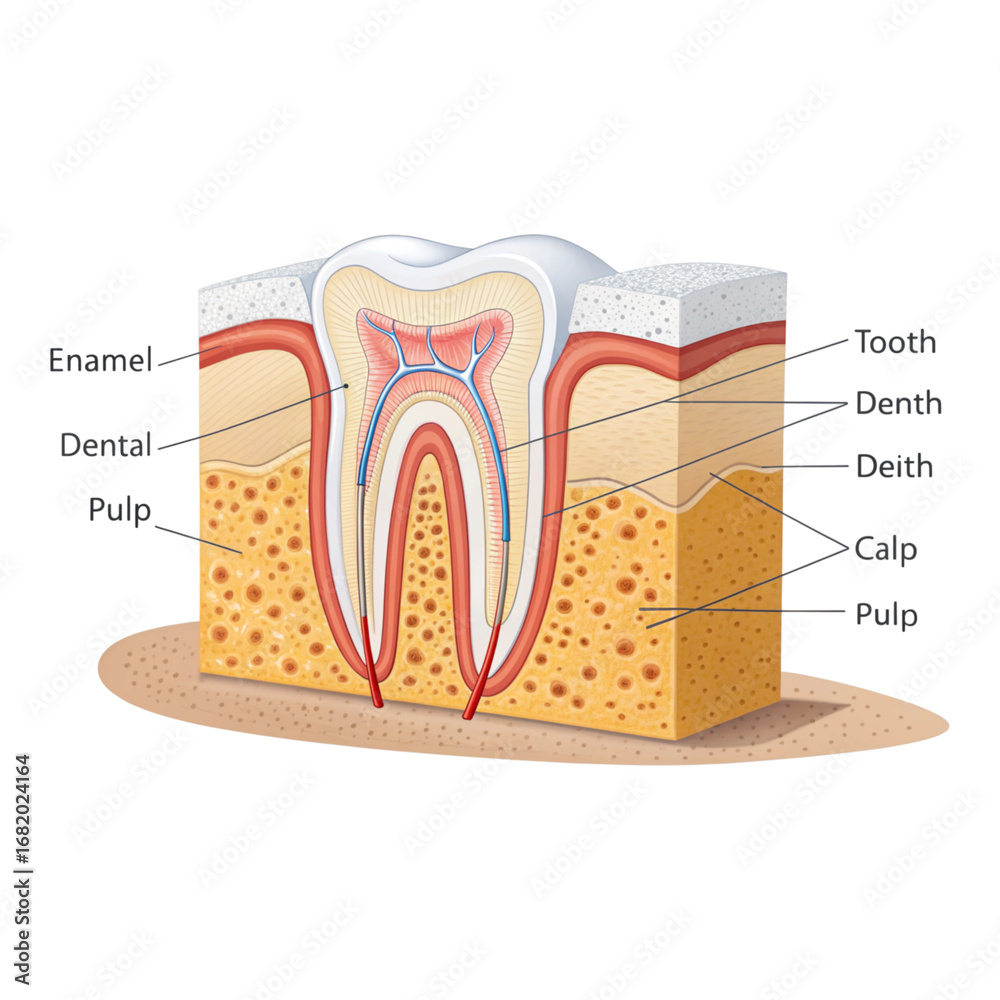 Illustration showing a detailed cross section of a human tooth with ...
