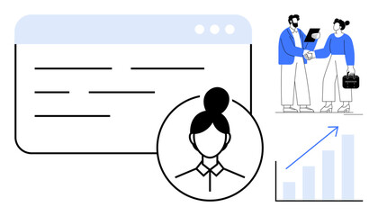 User profile interface with silhouette portrait, business colleagues shaking hands, and upward growth chart. Ideal for networking, teamwork, success, collaboration, career development, analytics