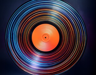 a striking vinyl record is surrounded by vibrant light trails symbolizing the rhythm and energy of m