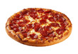 © Mountea - Round pizza topped with pepperoni and cheese.  Crisp crust.  High angle view