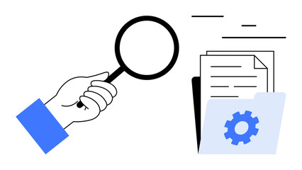 Wall Mural - Hand with magnifying glass inspecting documents, gear icon on folder suggesting settings or process. Ideal for search, analysis, data exploration, productivity, software, audit, simple landing page