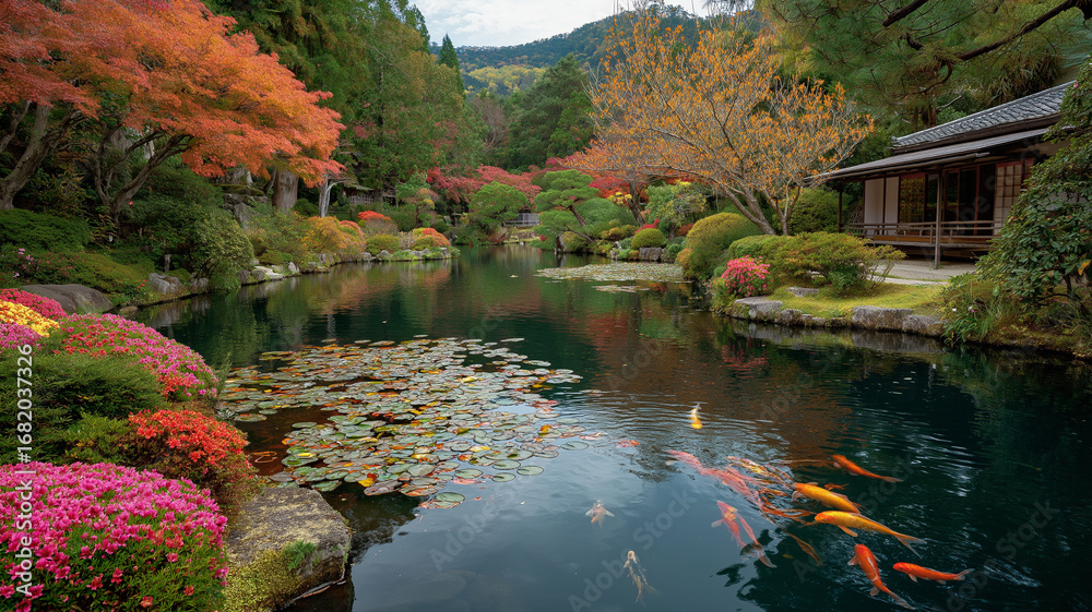 秋の日本庭園に広がる真っ赤な紅葉と石灯籠が美しく調和する風景