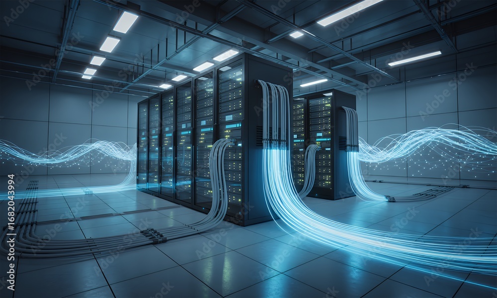 High-tech server room with glowing fiber optic cables and data transfer ...