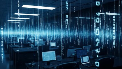 Futuristic Office with Digital Binary Code Overlay in Blue Tones with Modern Desktops and Glowing Lines Creating a Cyber Network
