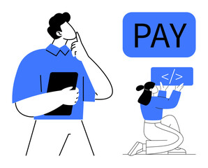 Man holding tablet, thinking about payment strategies. Woman coding digital payment system. Ideal for fintech, e-commerce, payment systems, startups, technology, web development simple landing page