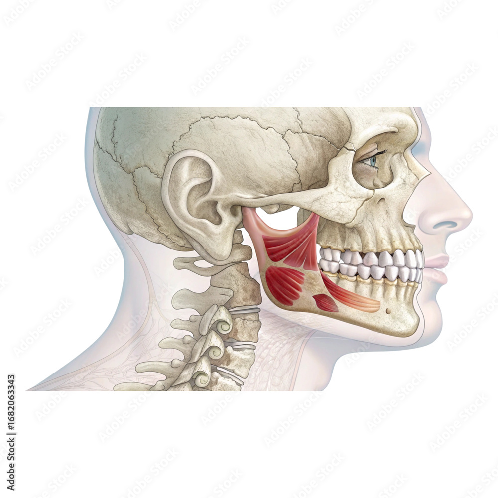 Anatomical illustration showing the human skull with jaw muscles and ...