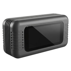 Modern black rectangular electronic device with dark reflective screen close-up view transparent background