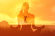 © kieferpix - Meditation and Empowerment Double Exposure at Sunset, Woman meditating overlaid with a jumping joyful figure, creating a sense of freedom, mindfulness, and energy