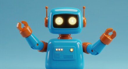 A friendly, retro-styled robot with outstretched arms stands out against a vibrant blue backdrop.
