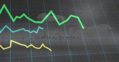 Wall Mural - Displaying three colored line graphs fluctuating on blue grid overlay, with city skyline silhouette