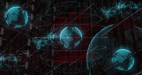 Wall Mural - Floating blue holographic Earth over red matrix with orbital rings and data nodes, copy space