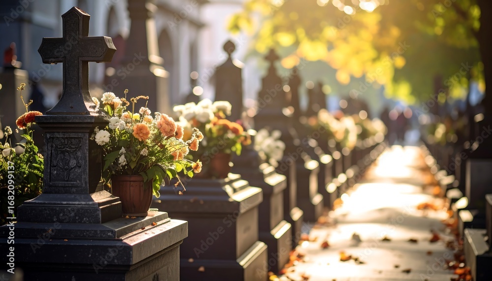 Sunlit cemetery path lined with tombstones and floral tributes Stock ...