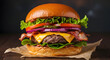 © delila - Delicious Gourmet Bacon Cheese Burger with Fresh Vegetables on Dark Background