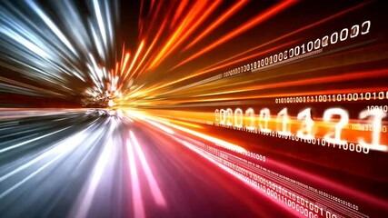 Binary code rushes forward in a digital landscape with vibrant light streaks